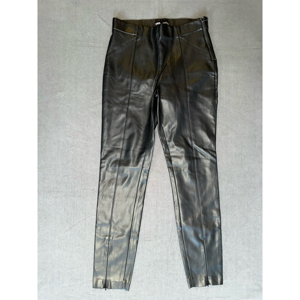 ZARA Faux Leather Pants Women's Medium Black Ankle Zip Moto Skinny Slim Fit